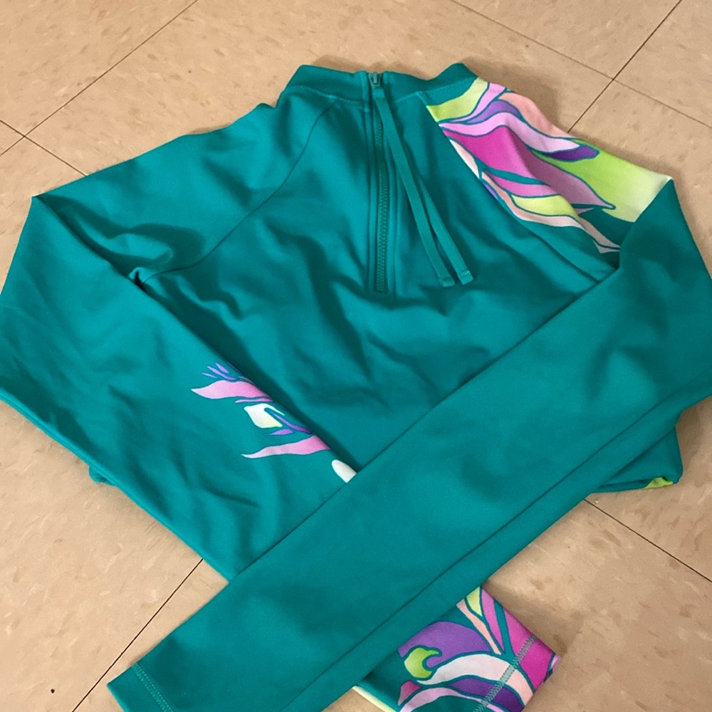 Athleta Turquoise Floral Long Sleeve Cropped Swim Top - Size XS - Picture 2 of 2